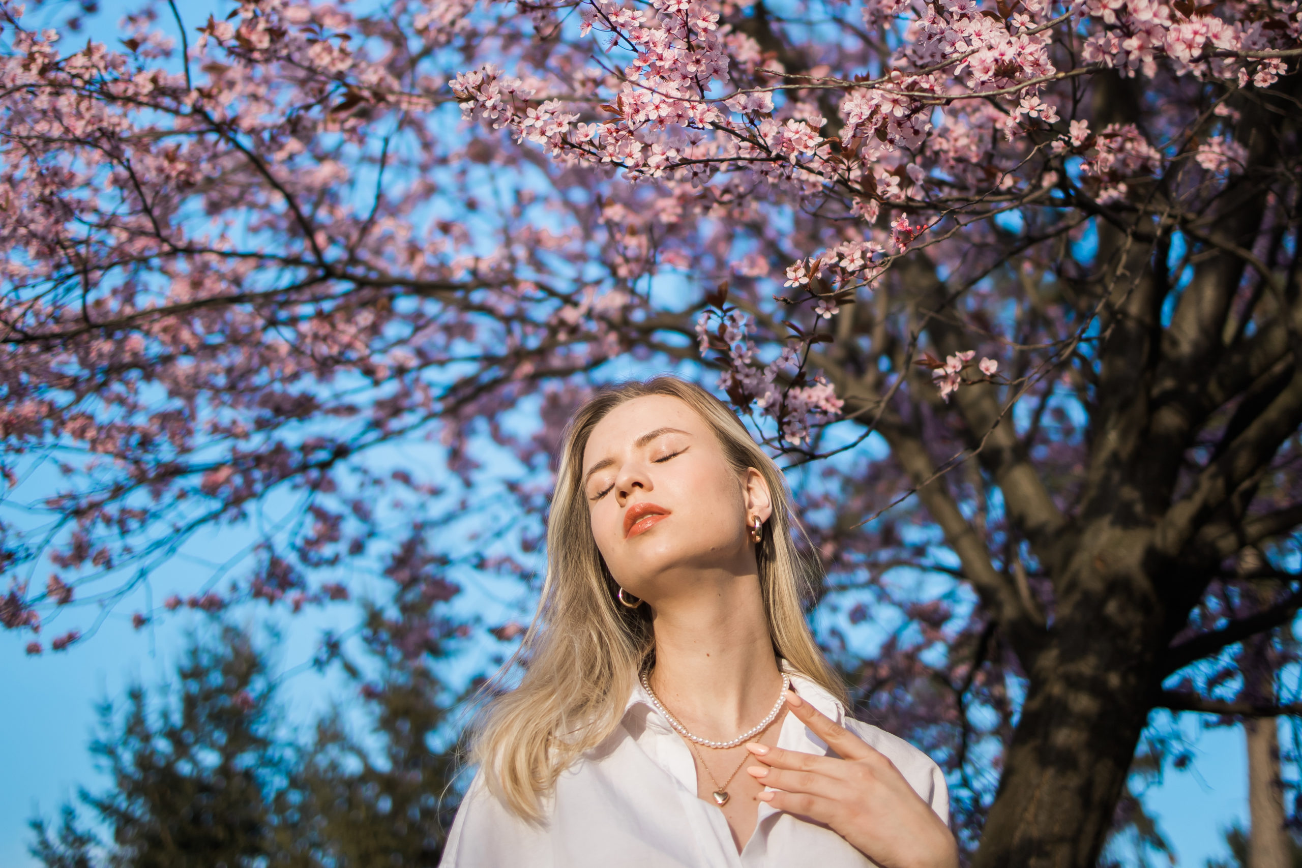 Fashion outdoor photo of beautiful woman with blond hair in elegant suit posing in spring flowering park with blooming cherry tree. Copy space and empty place for advertising text